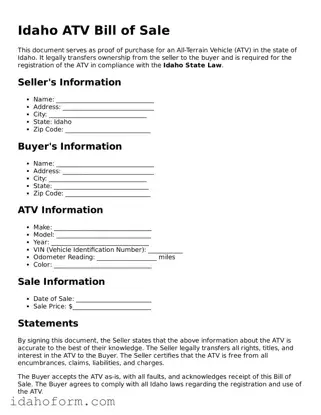 Printable  ATV Bill of Sale Form for Idaho