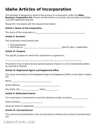 Printable  Articles of Incorporation Form for Idaho