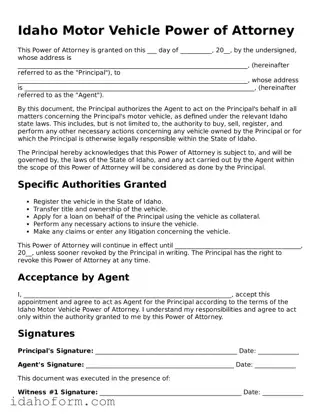 Printable  Motor Vehicle Power of Attorney Form for Idaho