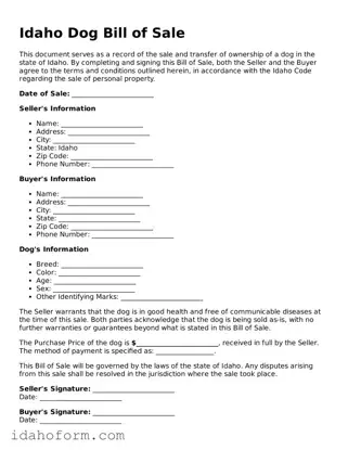 Printable  Dog Bill of Sale Form for Idaho