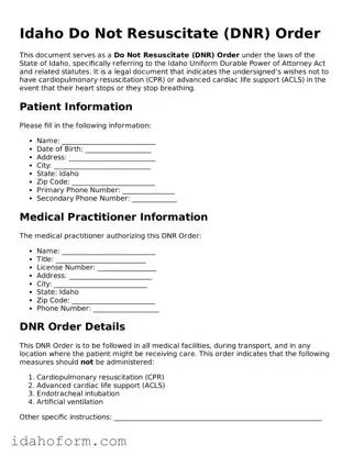 Printable  Do Not Resuscitate Order Form for Idaho