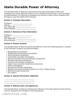 Printable  Durable Power of Attorney Form for Idaho
