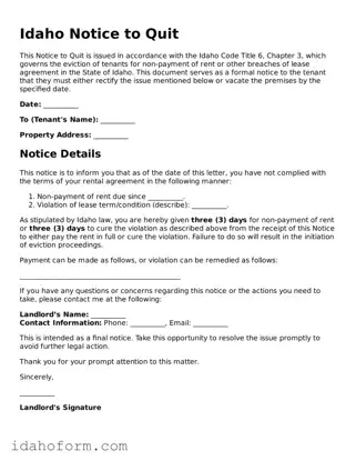 Printable  Notice to Quit Form for Idaho