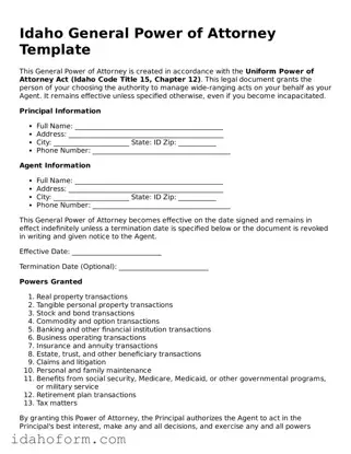 Printable  General Power of Attorney Form for Idaho