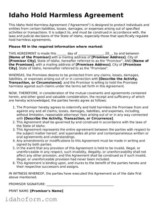 Printable  Hold Harmless Agreement Form for Idaho