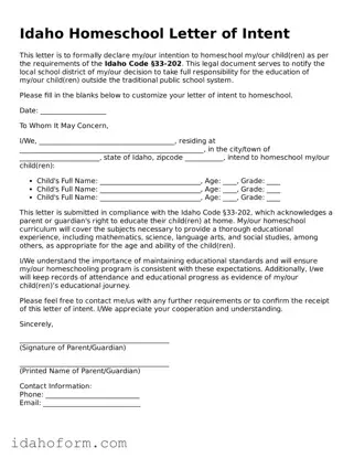 Printable  Homeschool Letter of Intent Form for Idaho