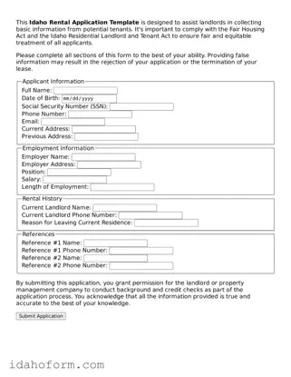 Printable  Rental Application Form for Idaho