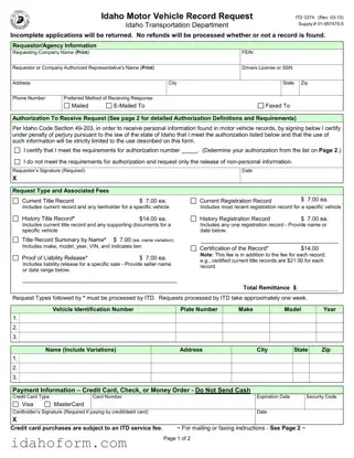 Fillable Idaho Itd 3374 Template