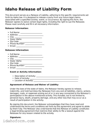Printable  Release of Liability Form for Idaho
