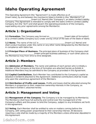 Printable  Operating Agreement Form for Idaho