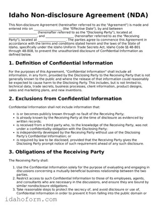 Printable  Non-disclosure Agreement Form for Idaho