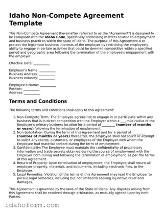 Printable  Non-compete Agreement Form for Idaho
