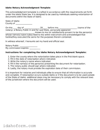 Printable  Notary Acknowledgement Form for Idaho