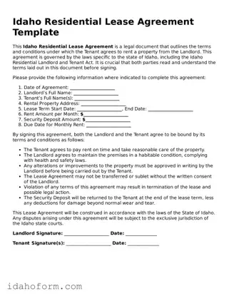 Printable  Residential Lease Agreement Form for Idaho