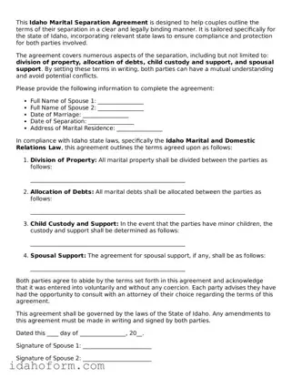Printable  Marital Separation Agreement Form for Idaho