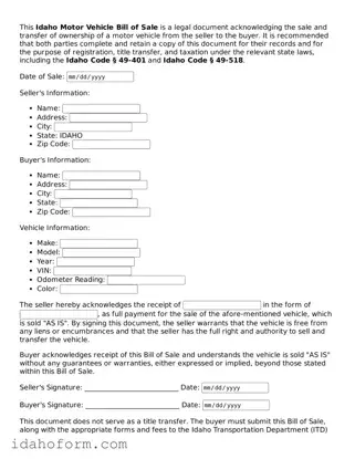 Printable  Motor Vehicle Bill of Sale Form for Idaho