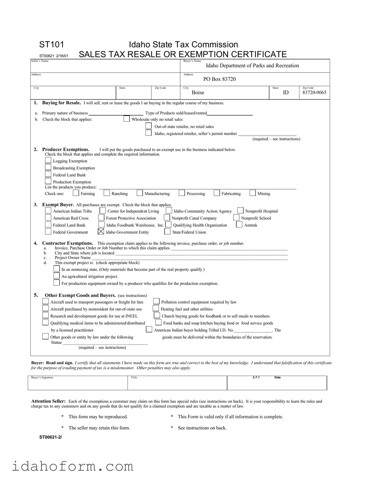Fillable St 101 Idaho Template