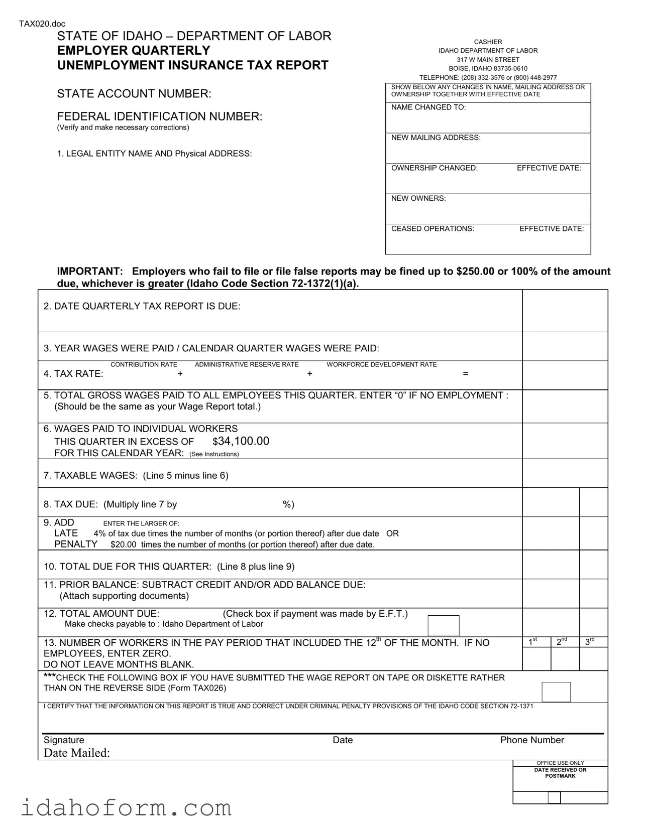 Fillable Tax 020 Template