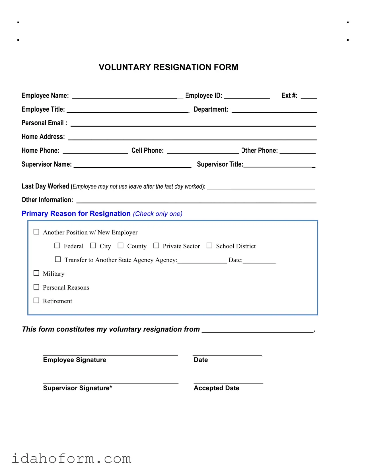 Fillable Voluntary Resignation Template